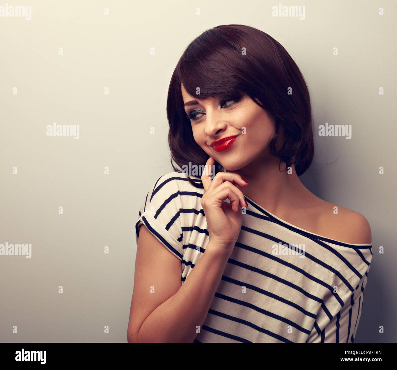 Happy Thinking Romantic Makeup Young Woman With Short Hairstyle
