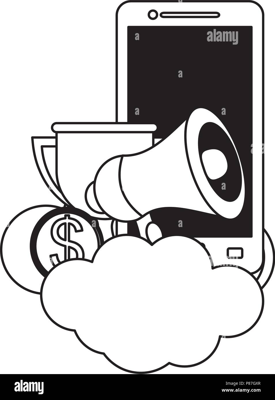 cloud with cellphone and megaphone over white background, vector
