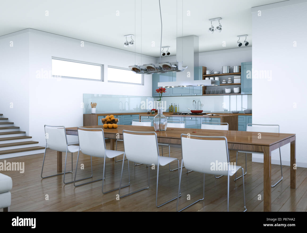 White modern kitchen interior design illustration Stock Photo - Alamy
