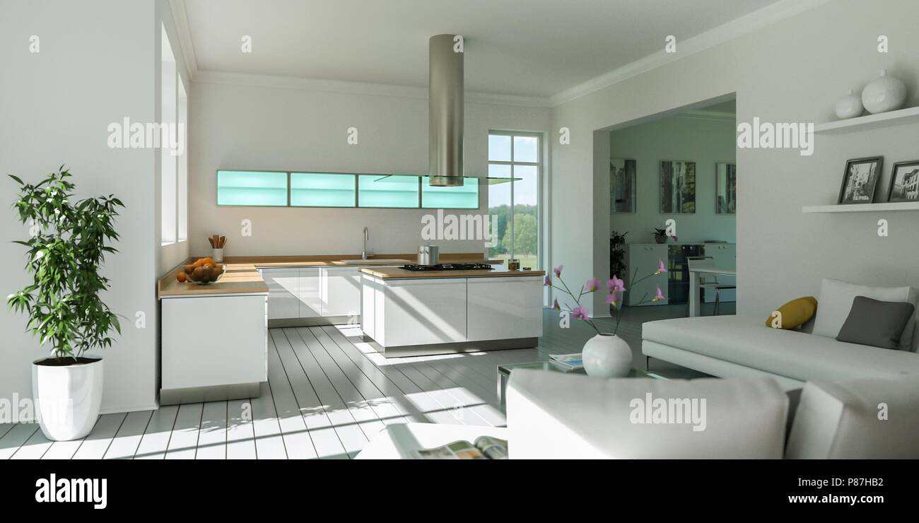 White modern kitchen interior design illustration Stock Photo - Alamy