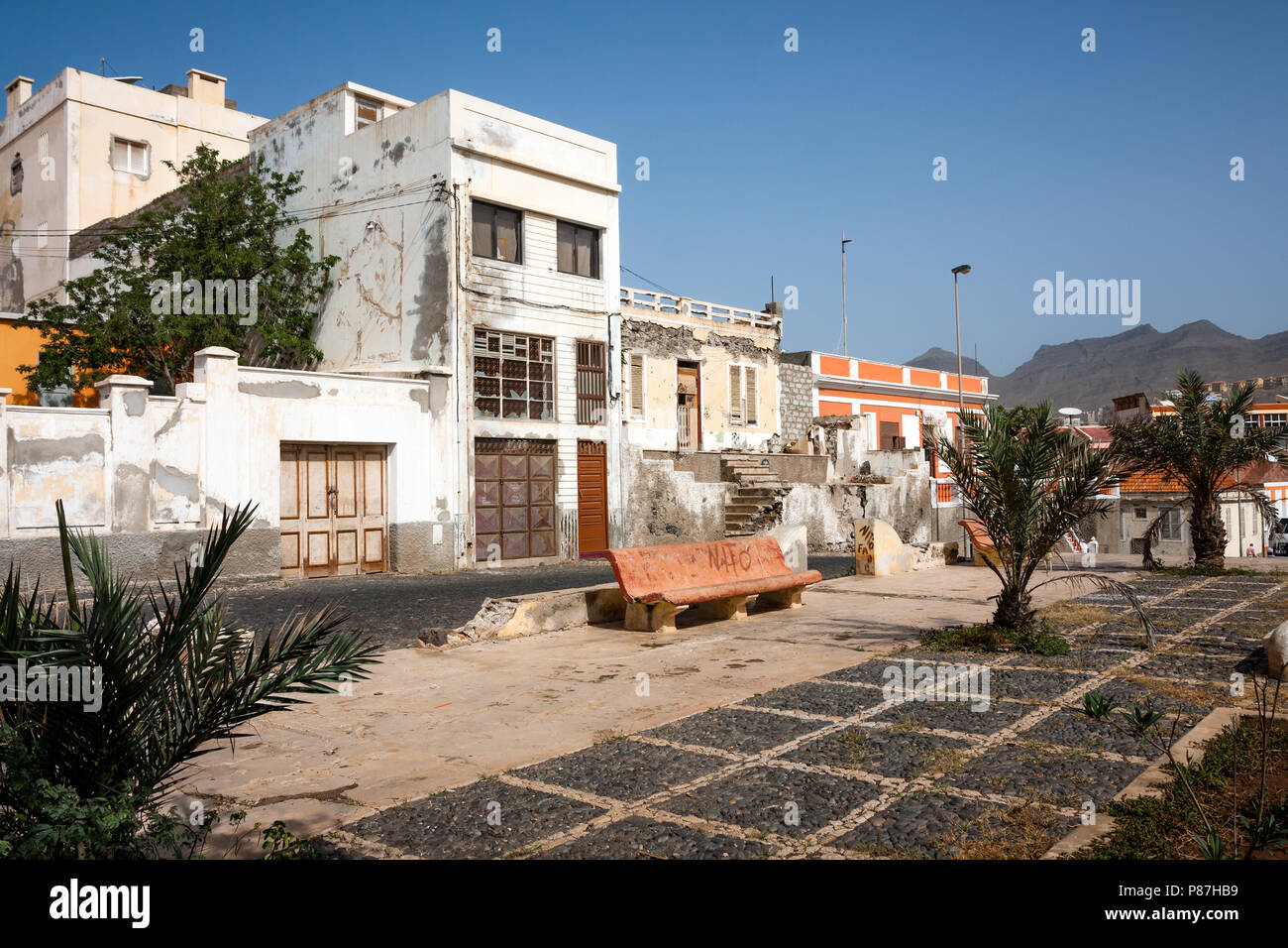 MINDELO, CAPE VERDE - DECEMBER 07, 2015: Abandoned buildings, scenic ruins in the middle of Mindelo City Stock Photo