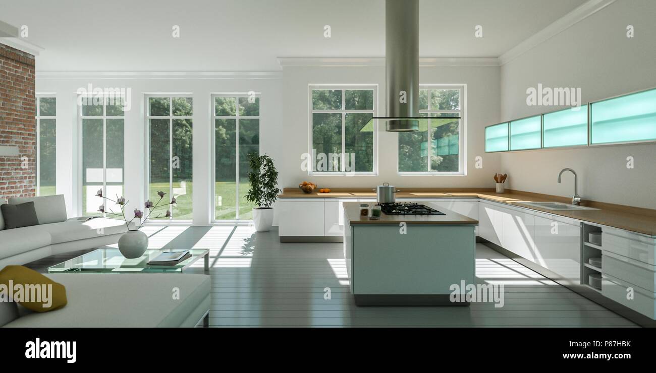 White modern kitchen interior design illustration Stock Photo - Alamy