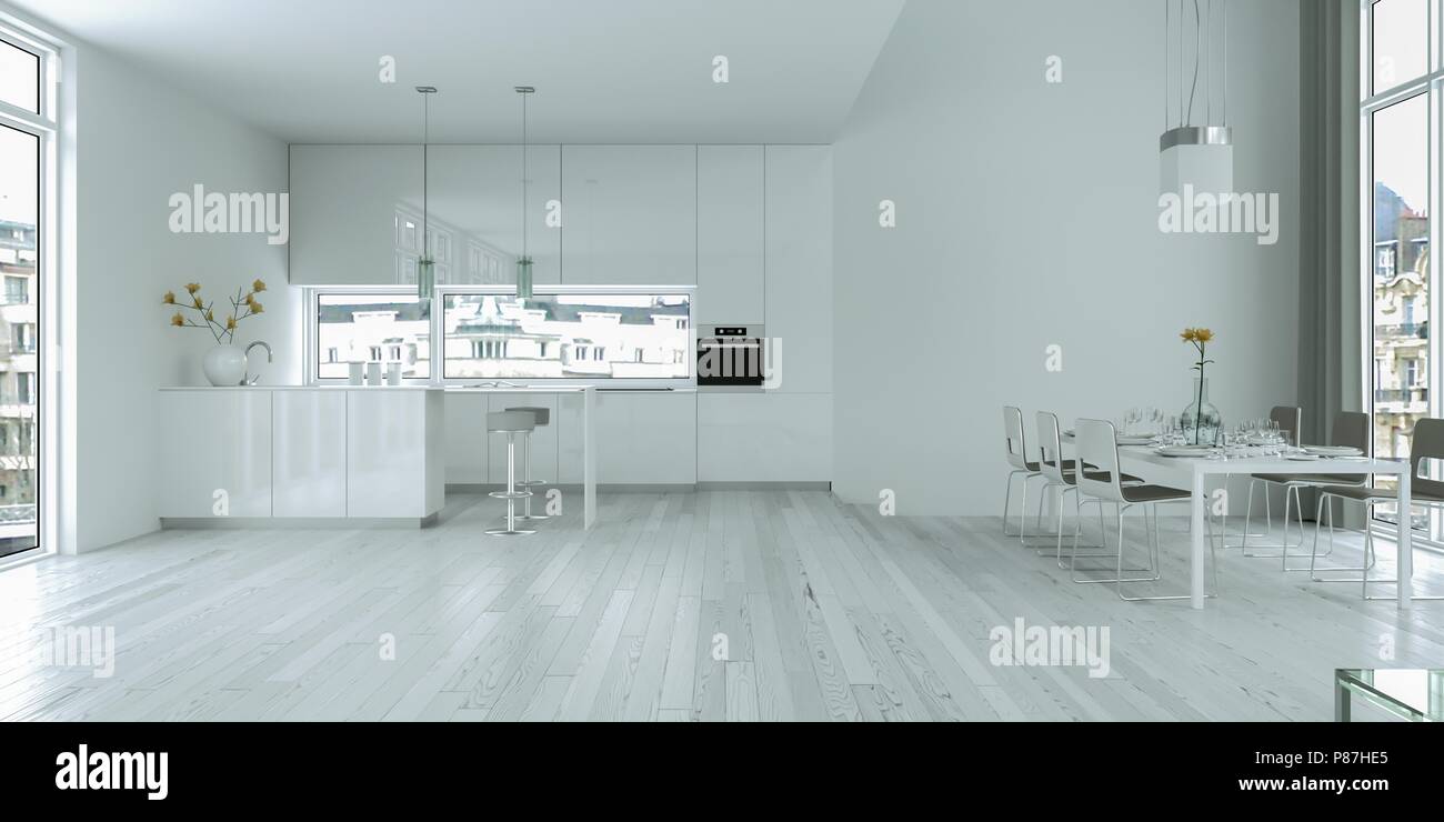 White modern kitchen interior design illustration Stock Photo - Alamy