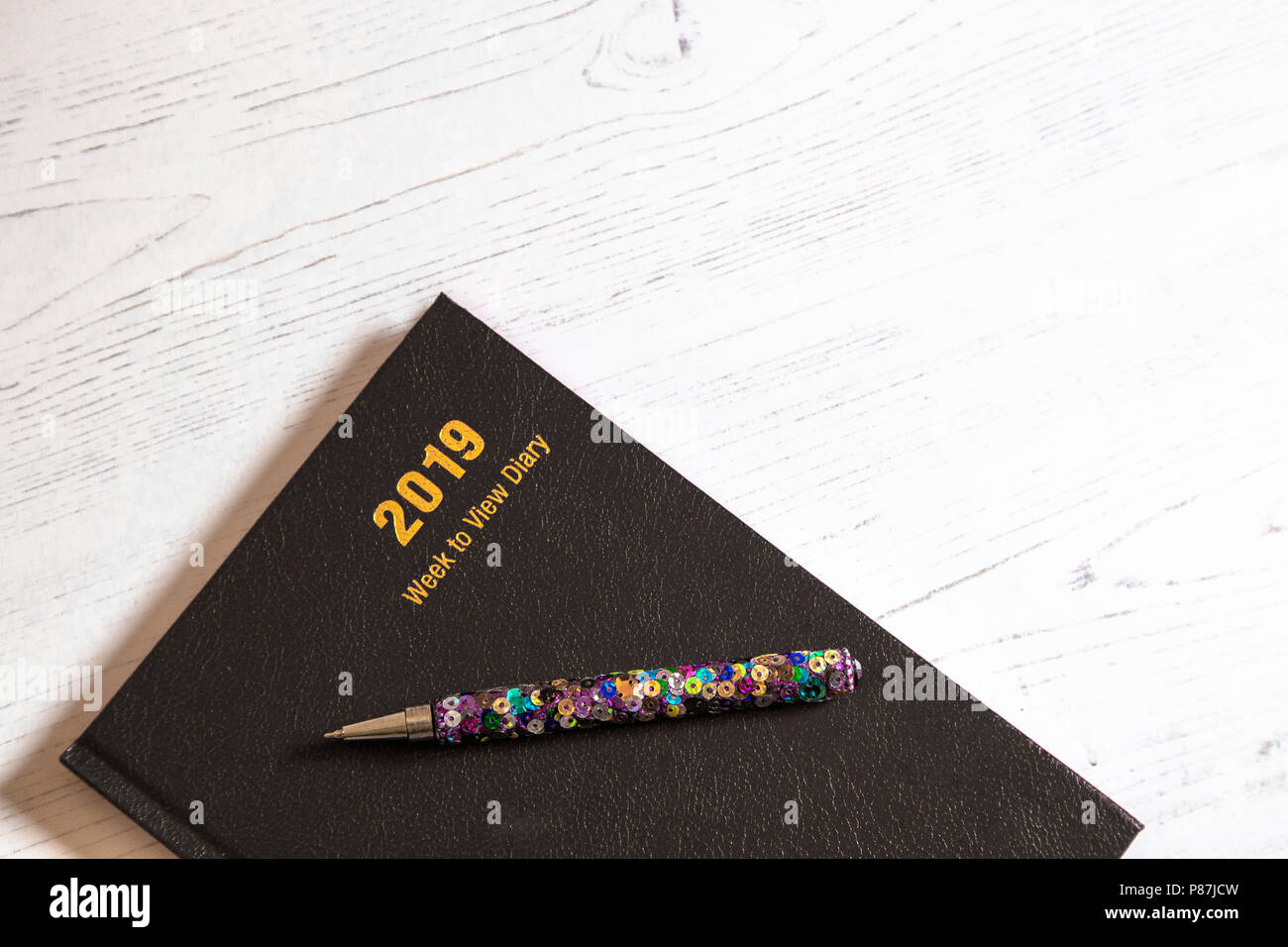 A 2019 desk diary with a pen. Stock Photo