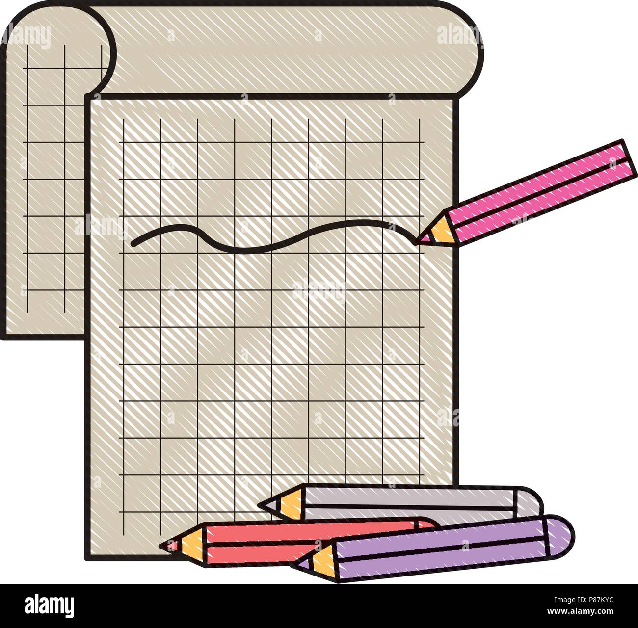 colored pencils and notepad icon over white background, vector ...