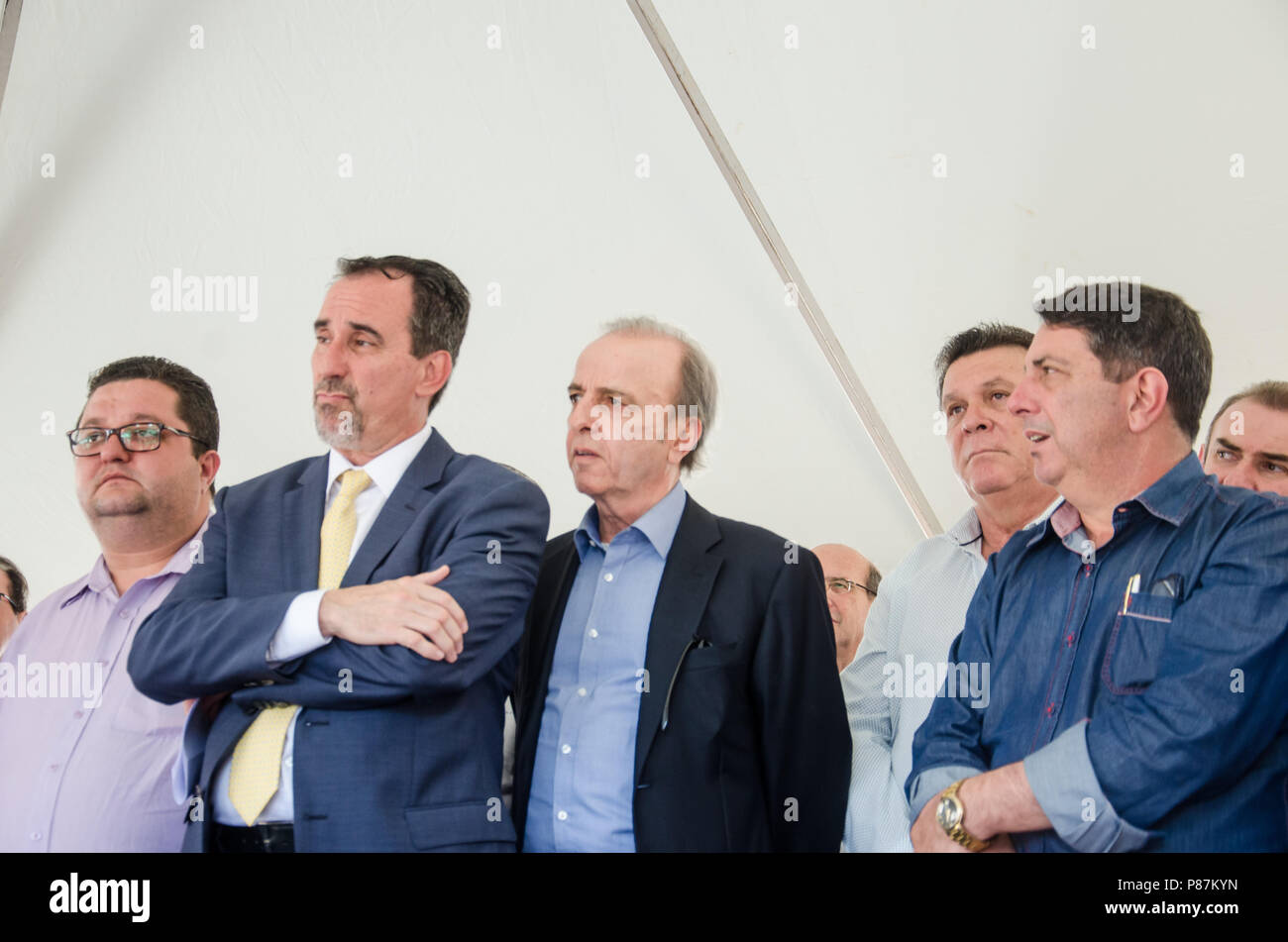 Brazil. 05th July, 2018. Gilberto Occhi visits Fernandopolis town hall to sign contracts and partnerships with some local governments of Northeast Paulista regions and delivered some vehicles and ambulances to SAMU, to fight Dengue.Henrique Prata, the president of hospital de cancer of Barretos and hospital do Amor was also present. Credit: Josi Donelli/Thenews2/Pacific Press/Alamy Live News Stock Photo