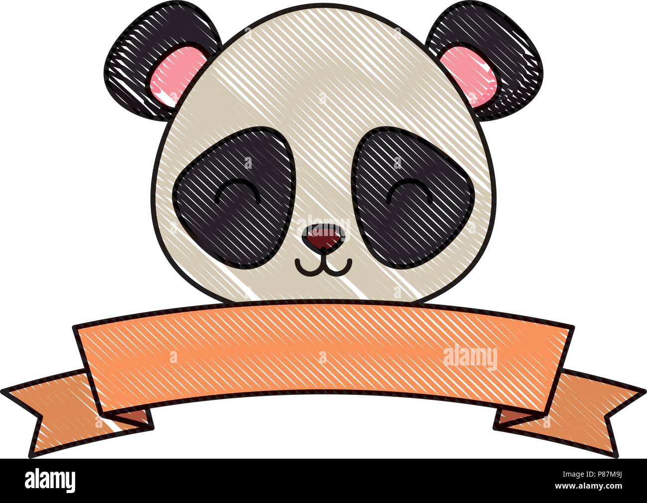 decorative ribbon with cute panda bear icon over white background ...