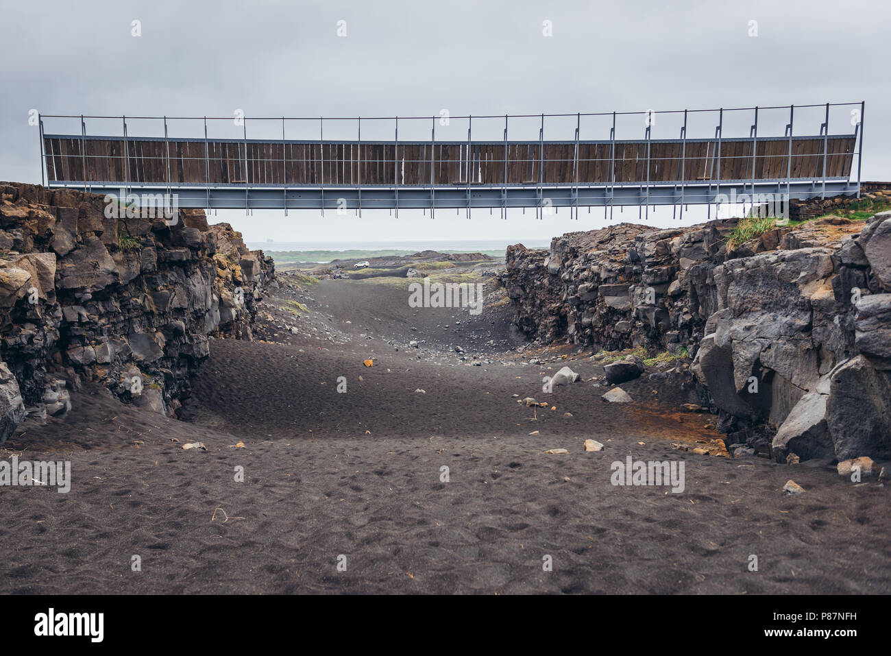 Bridge between Europe and North America in Reykjanes UNESCO Global Geopark area in Reykjanesskagi - Southern Peninsula, Iceland Stock Photo