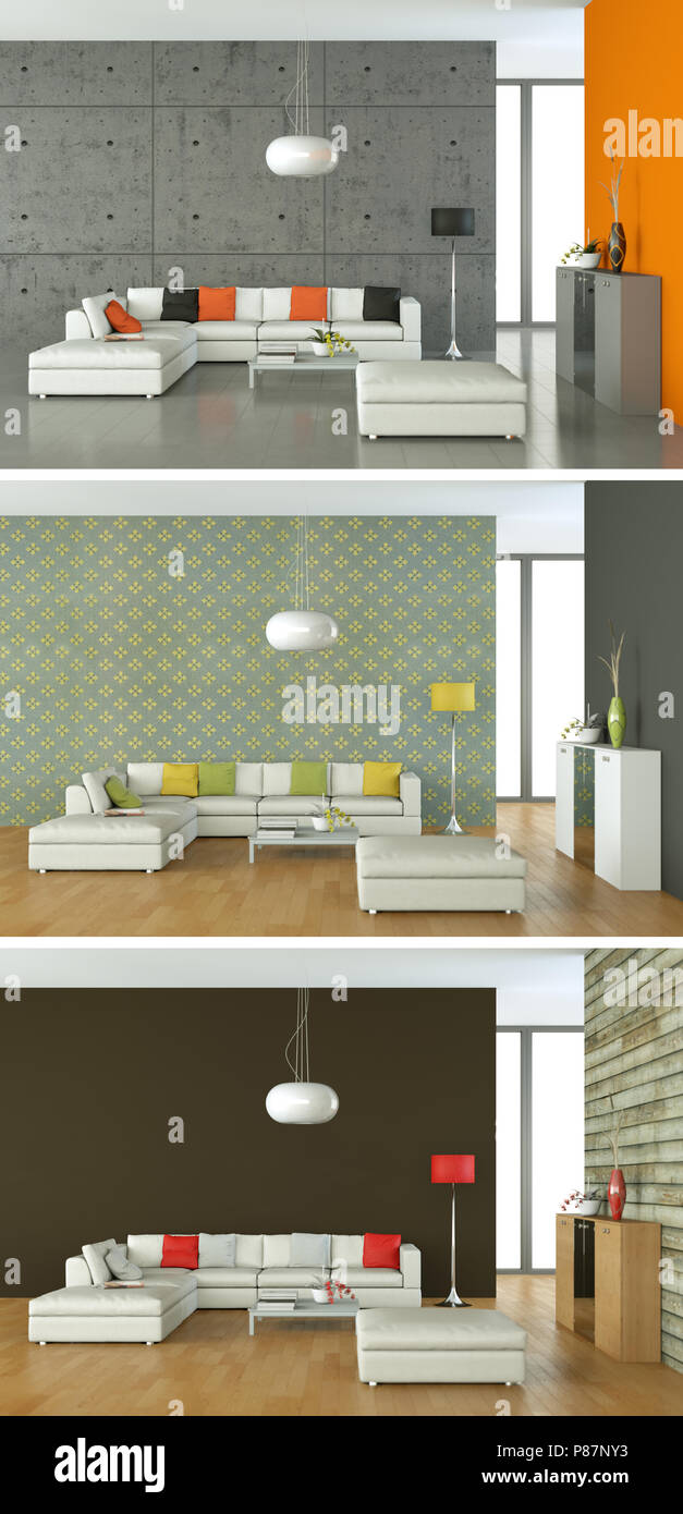 Three views of modern interior loft design Stock Photo - Alamy