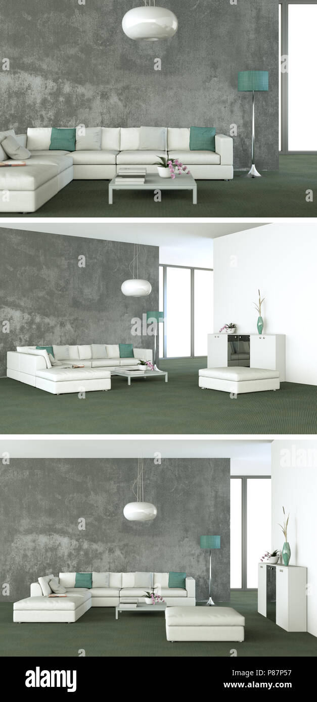 Three views of modern interior loft design Stock Photo - Alamy