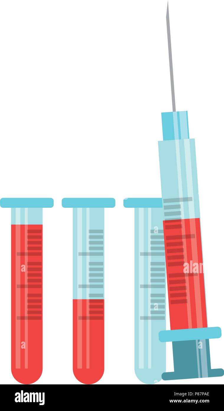 syringe and test tubes with blood over white background, vector ...