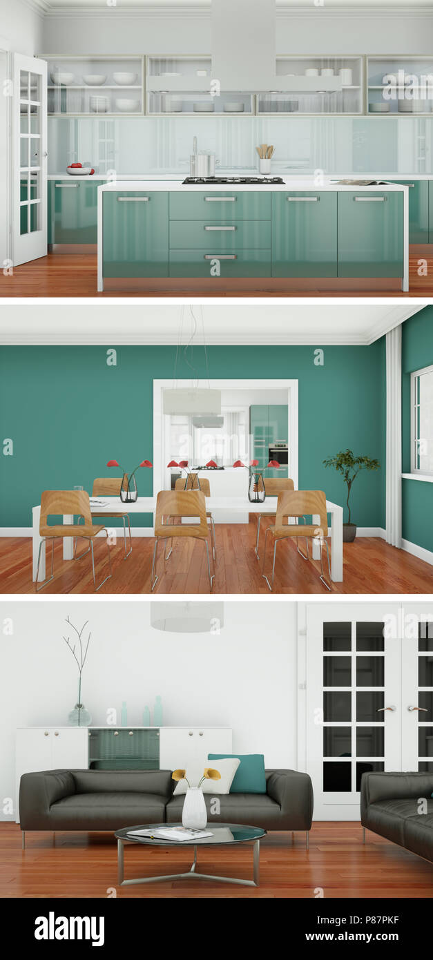 Three views of modern interior loft design Stock Photo - Alamy