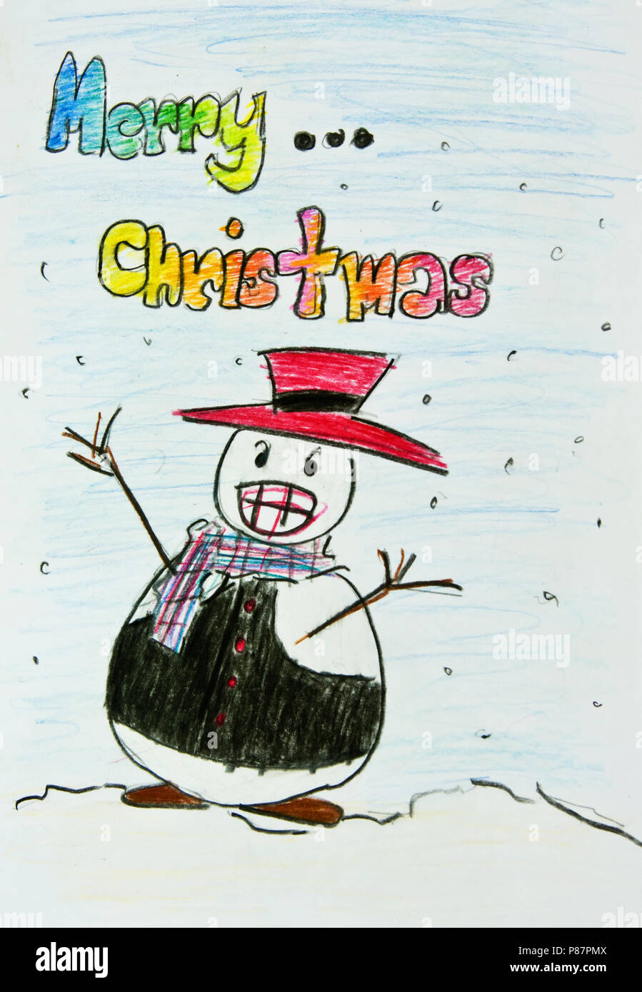 kids Merry Cristmass card  made with color penciles with happy angry snowman  detail Stock Photo