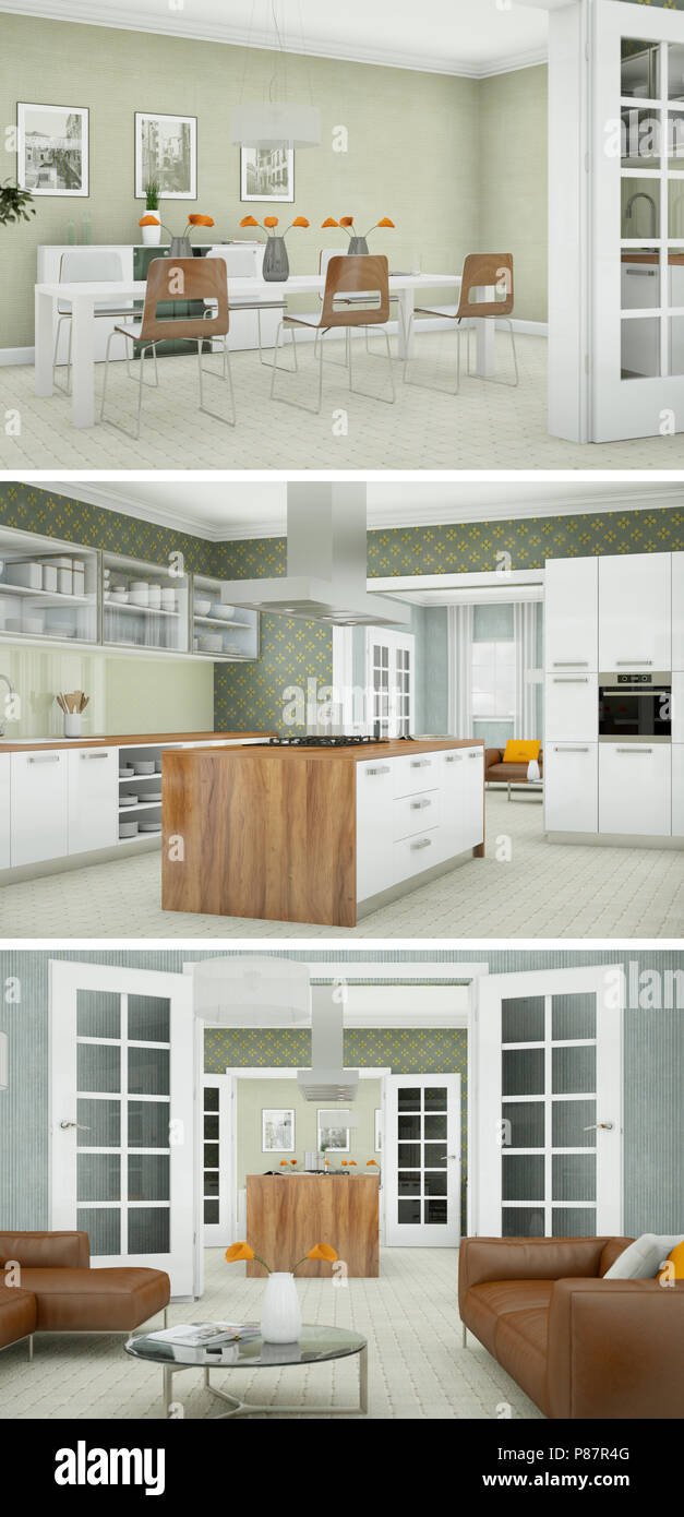 Three views of modern interior loft design Stock Photo - Alamy