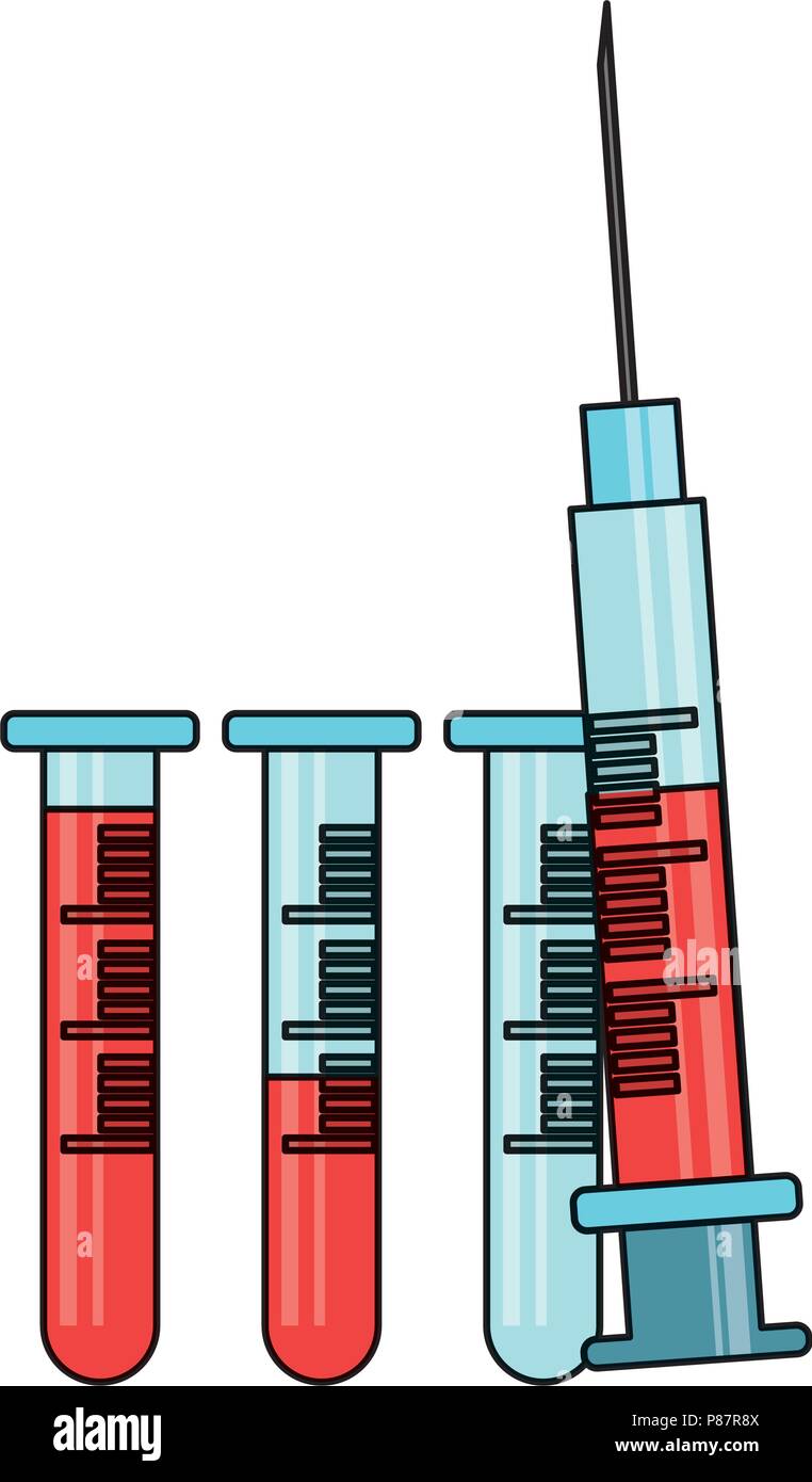 syringe and test tubes with blood over white background, vector ...