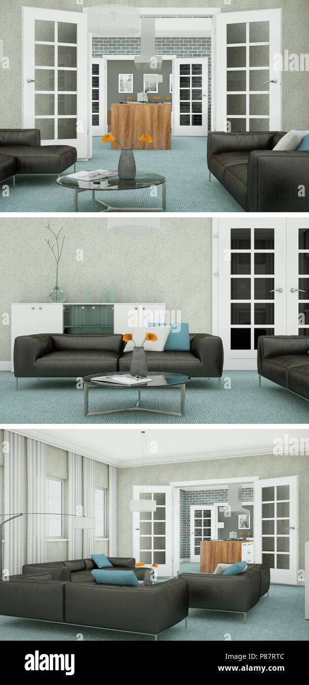Three views of modern interior loft design Stock Photo - Alamy