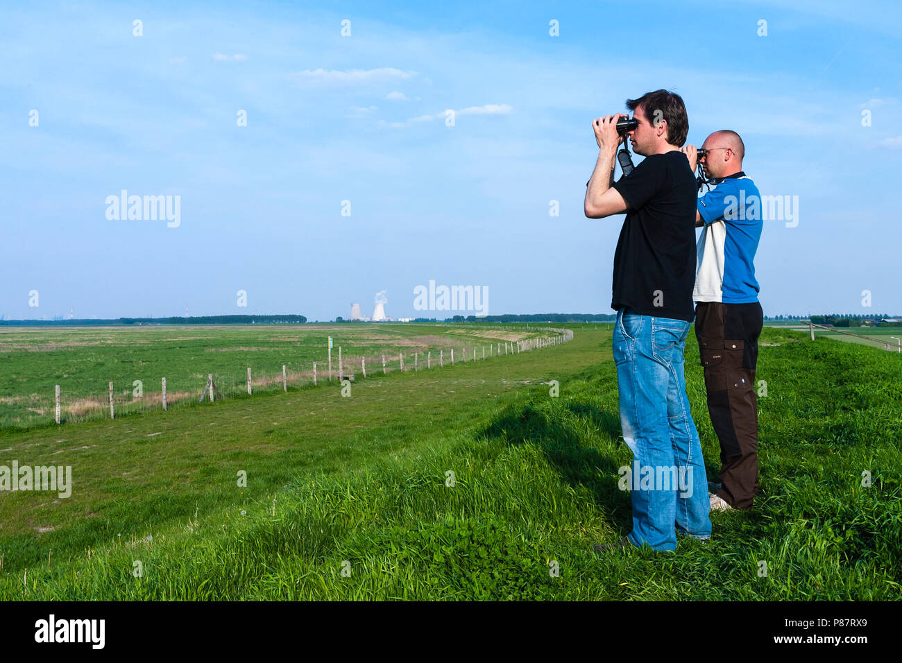 Two birders with binoculars at Drowned Land of Saeftinghe with nuclear power plant in background Stock Photo