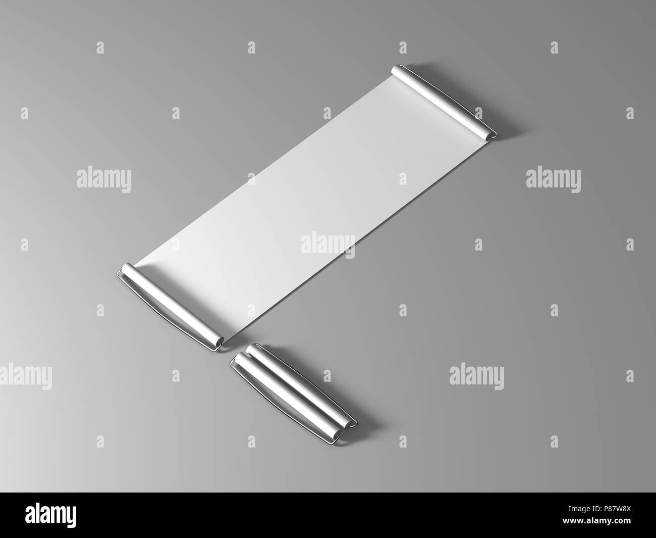 Download Blank white hand held banner mockup, isometric view, 3d rendernig. Clear closed and opened roll ...