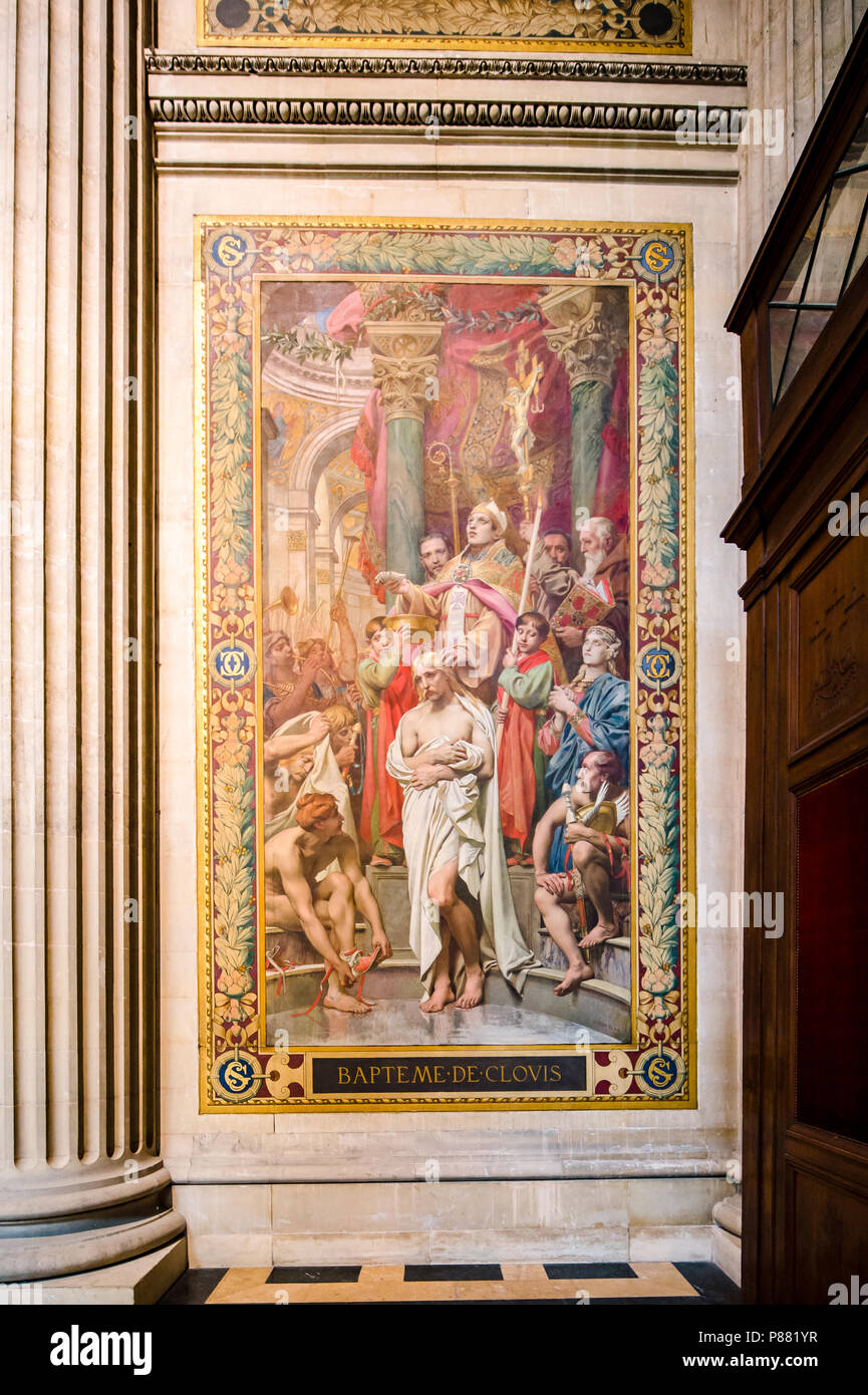 The artwork on the walls of the interior of the Pantheon in Paris