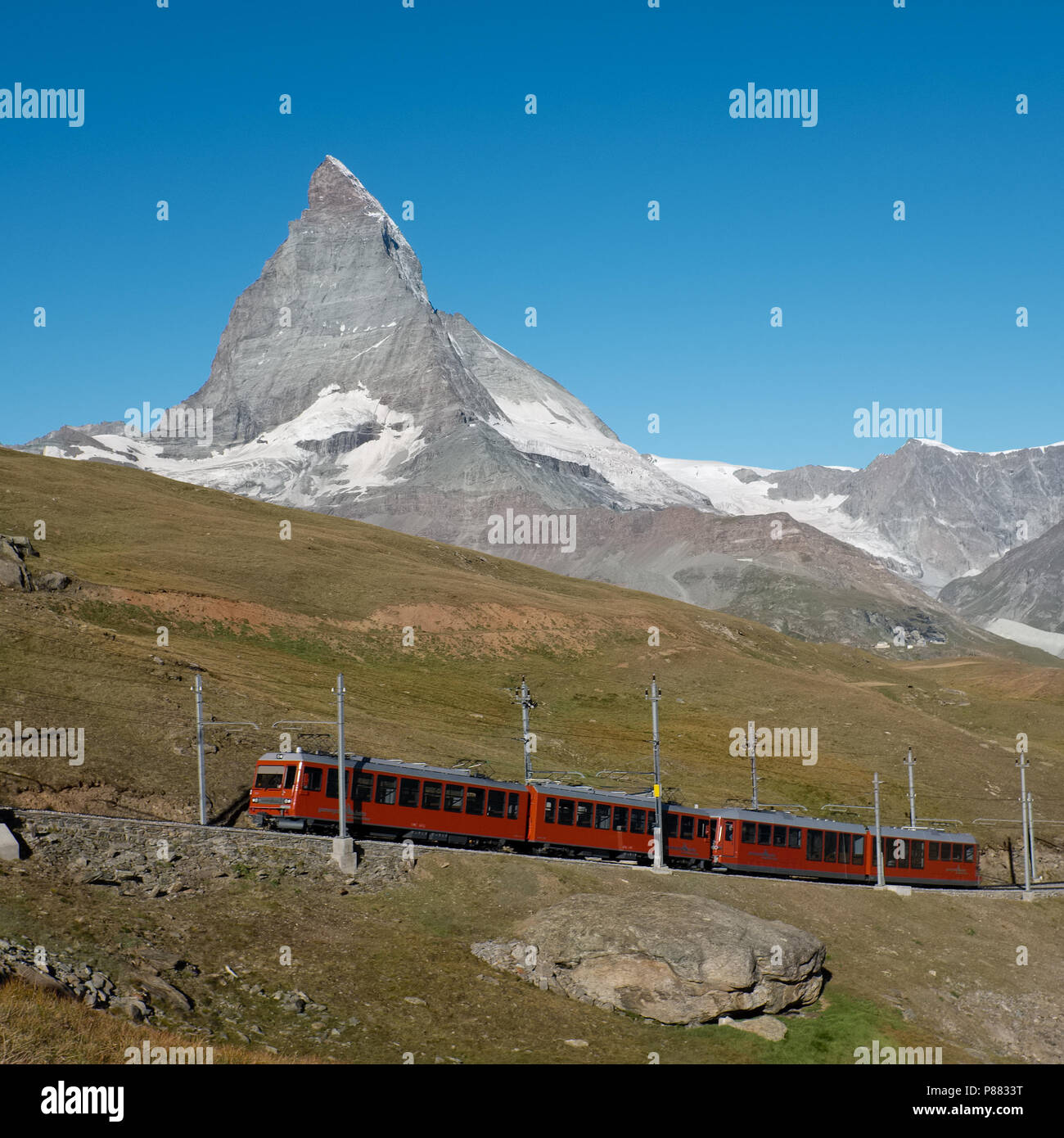 Matterhorn and train on Gornergratbahn, a 9 km long mountain rack railway  leading from Zermatt (1604 m), up to the Gornergrat (3089 m Stock Photo -  Alamy