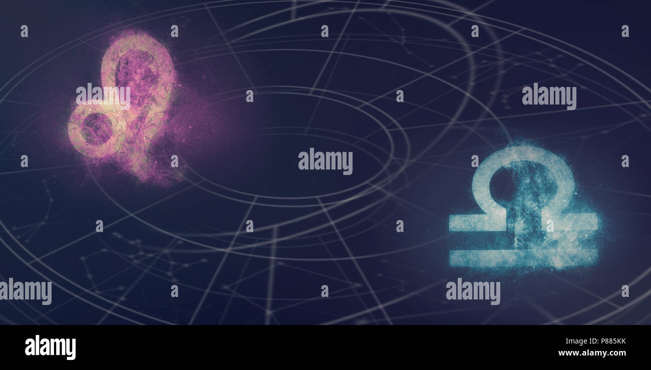 Leo and Libra horoscope signs compatibility. Night sky Abstract