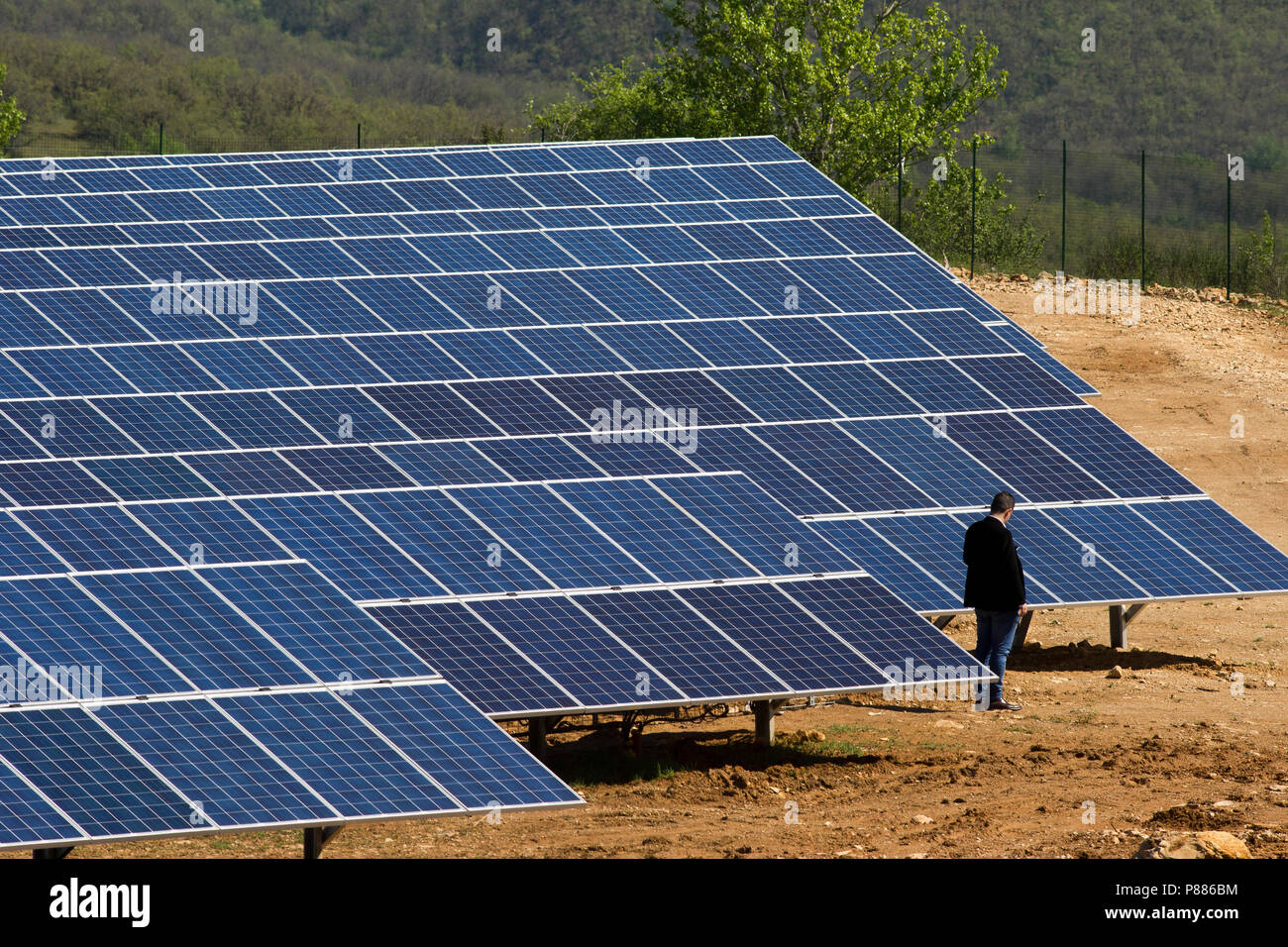 Solar panels in a disused quarry in Varen, Tarn et Garonne, Occitanie, South West France Stock Photo
