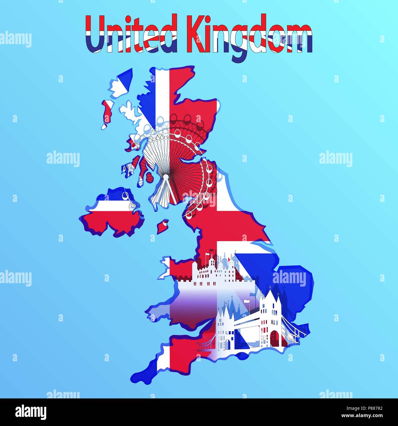 United Kingdom map and flag in blue background. Tower Bridge, Ferris wheel, Tower Stock Vector