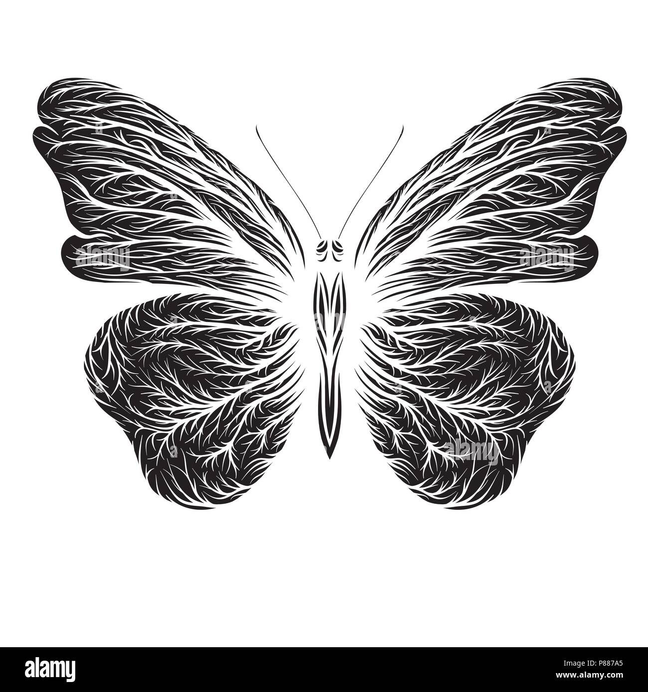 Butterfly black vector. Pattern on the wings. Laser cutting. Stock Vector