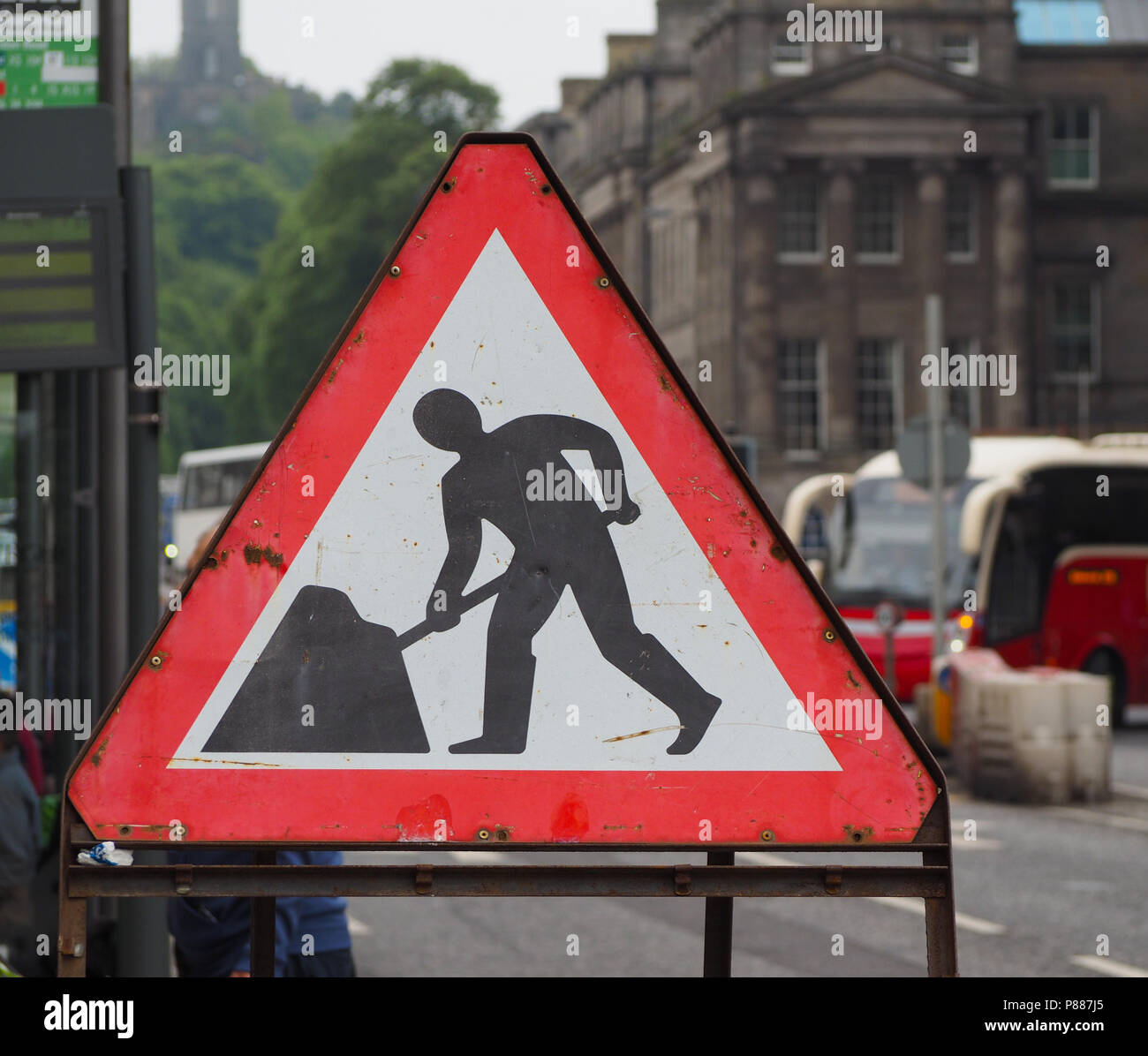Warning signs, road works in progress traffic sign Stock Photo Alamy