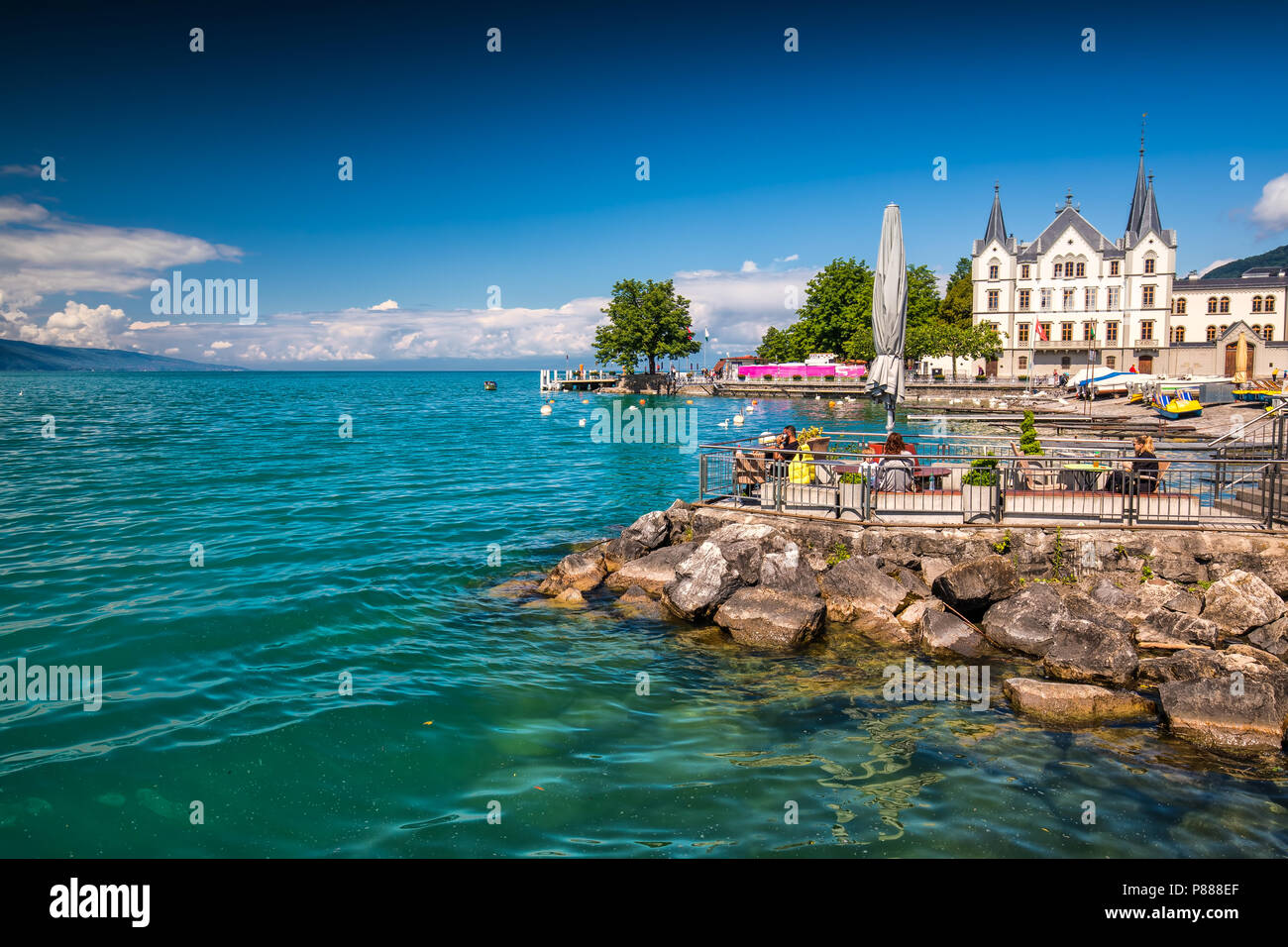 VEVEY, SWITZERLAND - May 31, 2018 - Park in Vevey town near Montreux with Swiss Alps in background, Switzerland, Europe. Stock Photo
