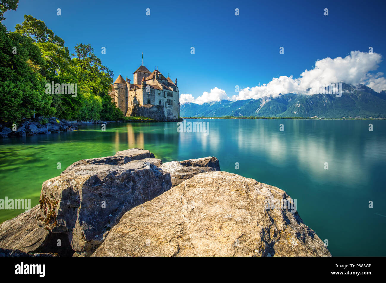 VEYTAUX, SWITZERLAND - June1, 2018 - Famous Chateau de Chillon at Lake Geneva near montreux, Switzerland, Europe. Stock Photo