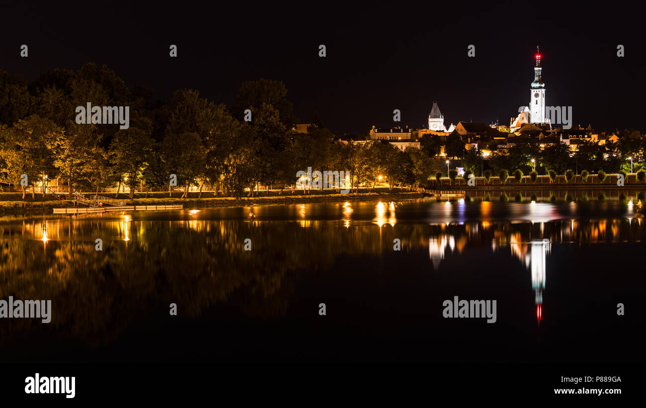 Historic Tabor city and Jordan pond. Night view. South Bohemia, Europe