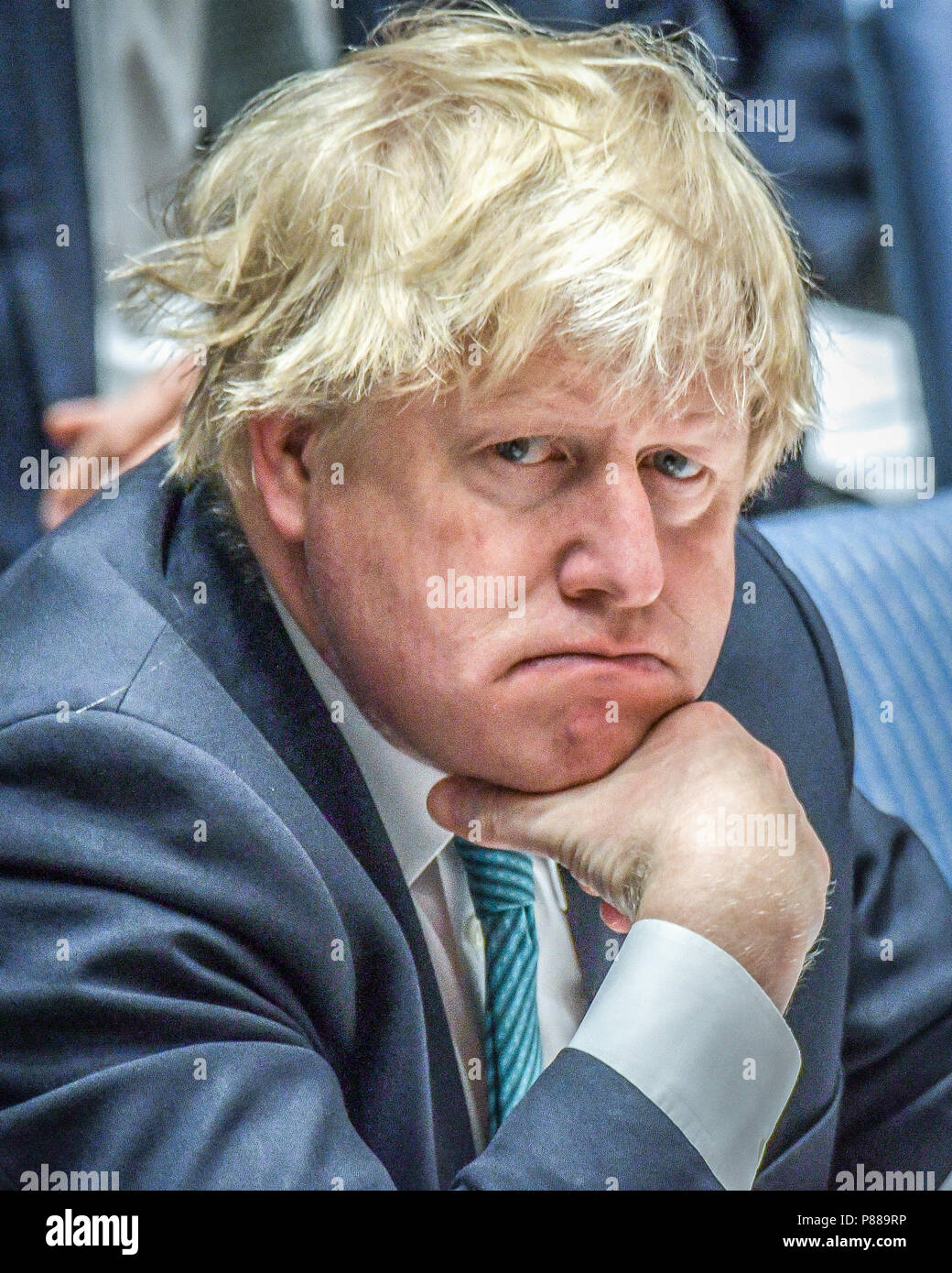 British Foreign Secretary Boris Johnson attends a United Nations  Security Council meeting on North Korea in 2017. Johnson resigned on July 9, 2018 am Stock Photo