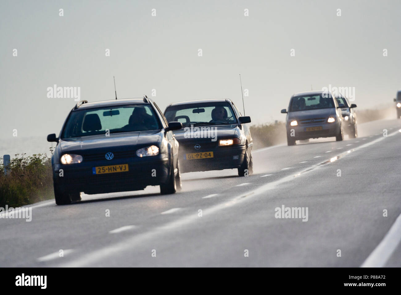 Auto's rijdend op Oostvaardersdijk, Cars driving at Oostvaardersdijk Stock Photo