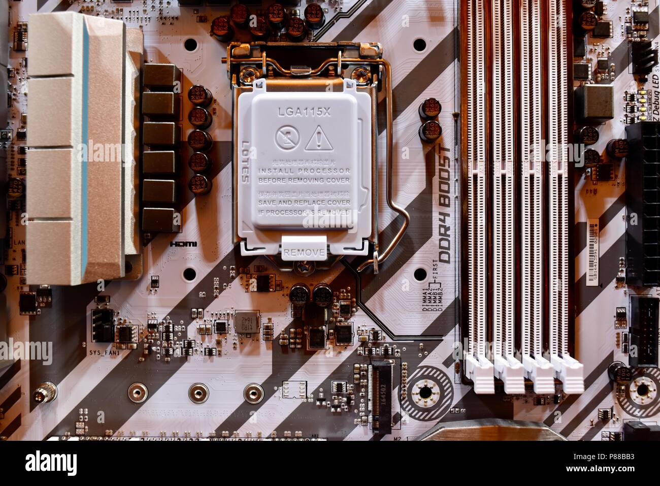 Close up of modern MSi computer motherboard with CPU socket, RAM slot, circuitry with MSi on display at the CES, in Las Vegas, NV, USA. Stock Photo