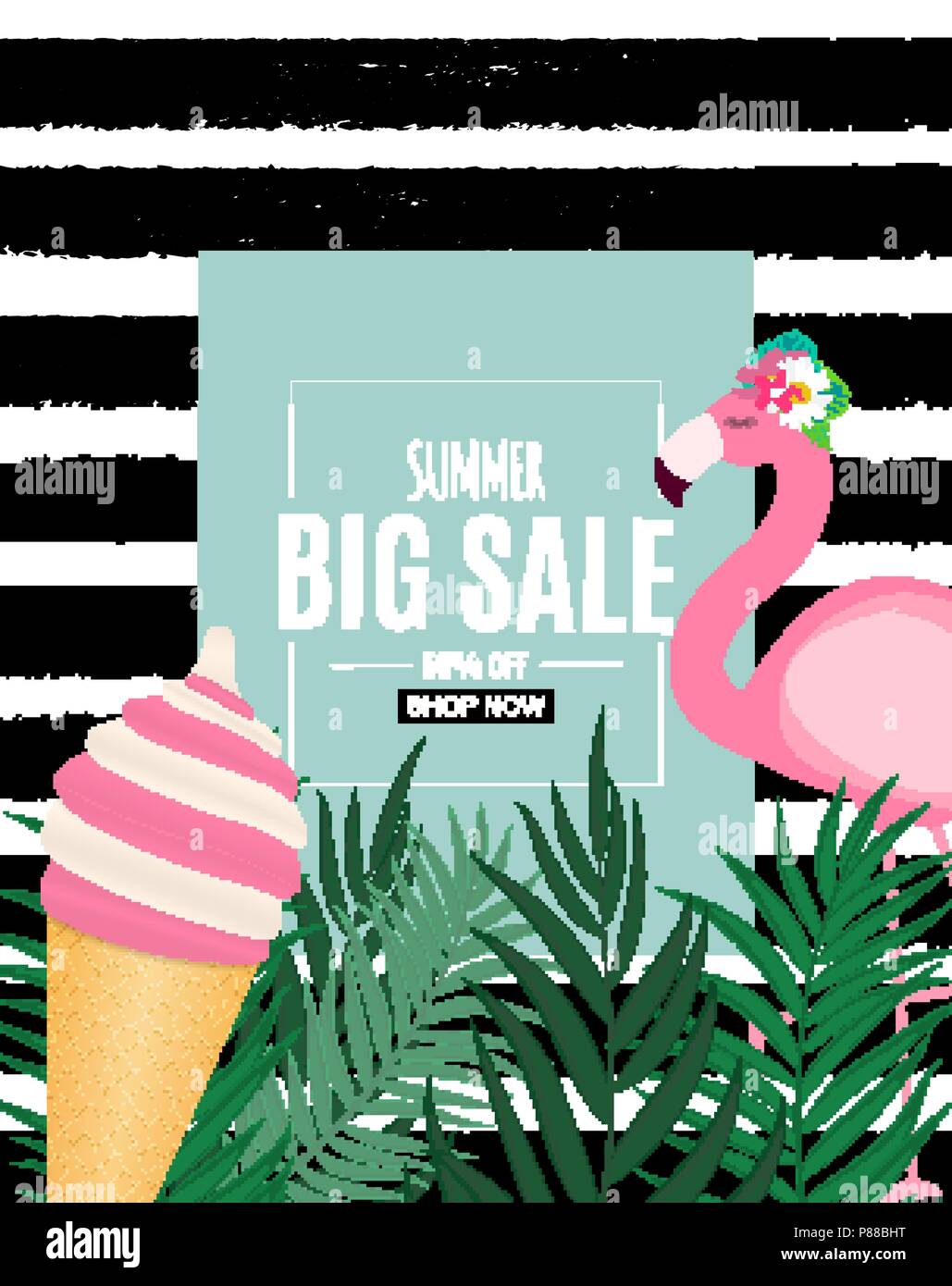 Abstract Summer Sale Background with Palm Leaves and Flamingo. Vector ...