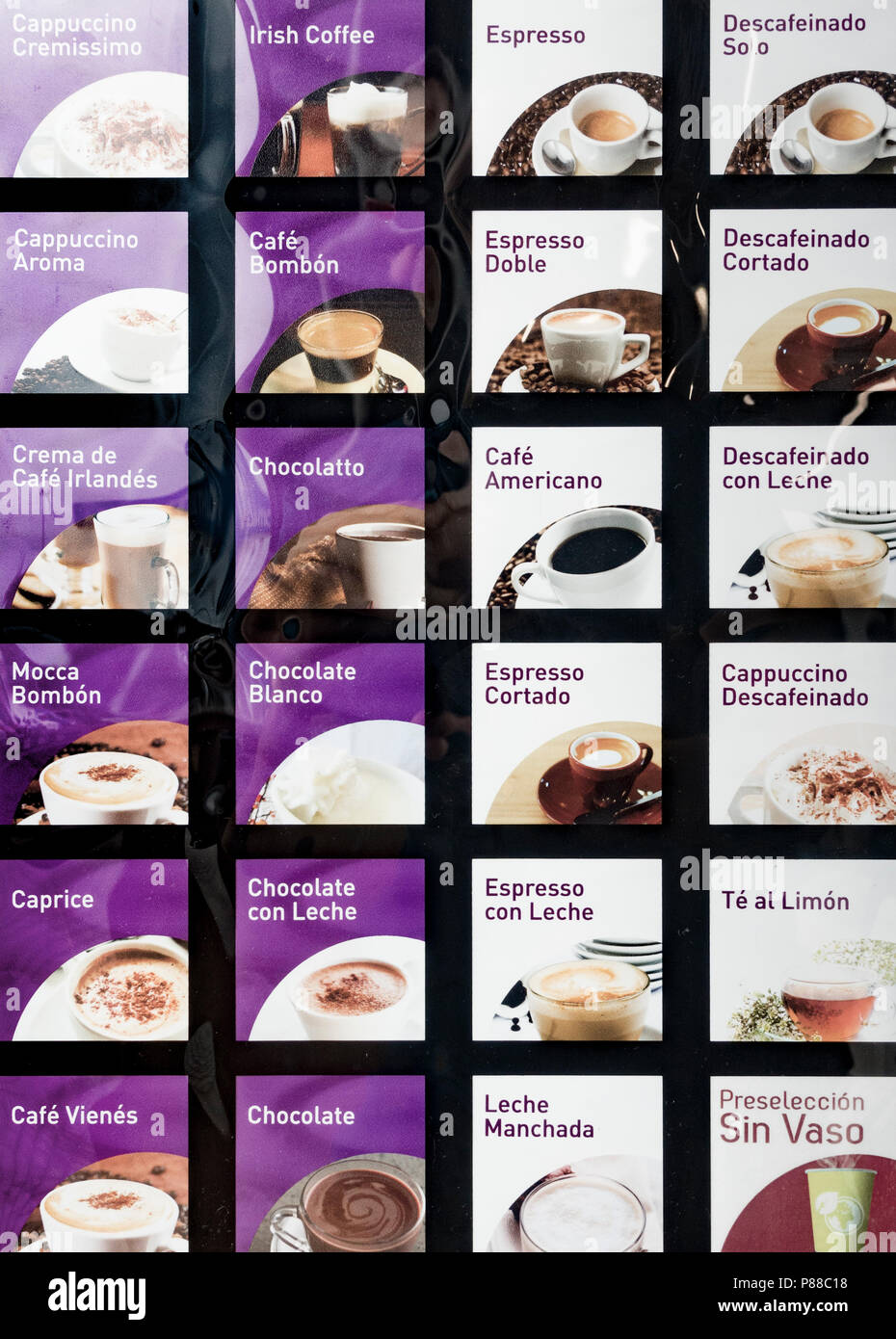 Vending machine with different types of coffee. Menu in Spanish Stock Photo