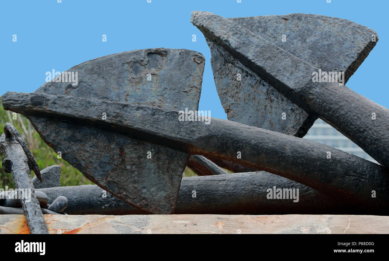 artistic detail of old anchor flukes at naval dockyard Stock Photo