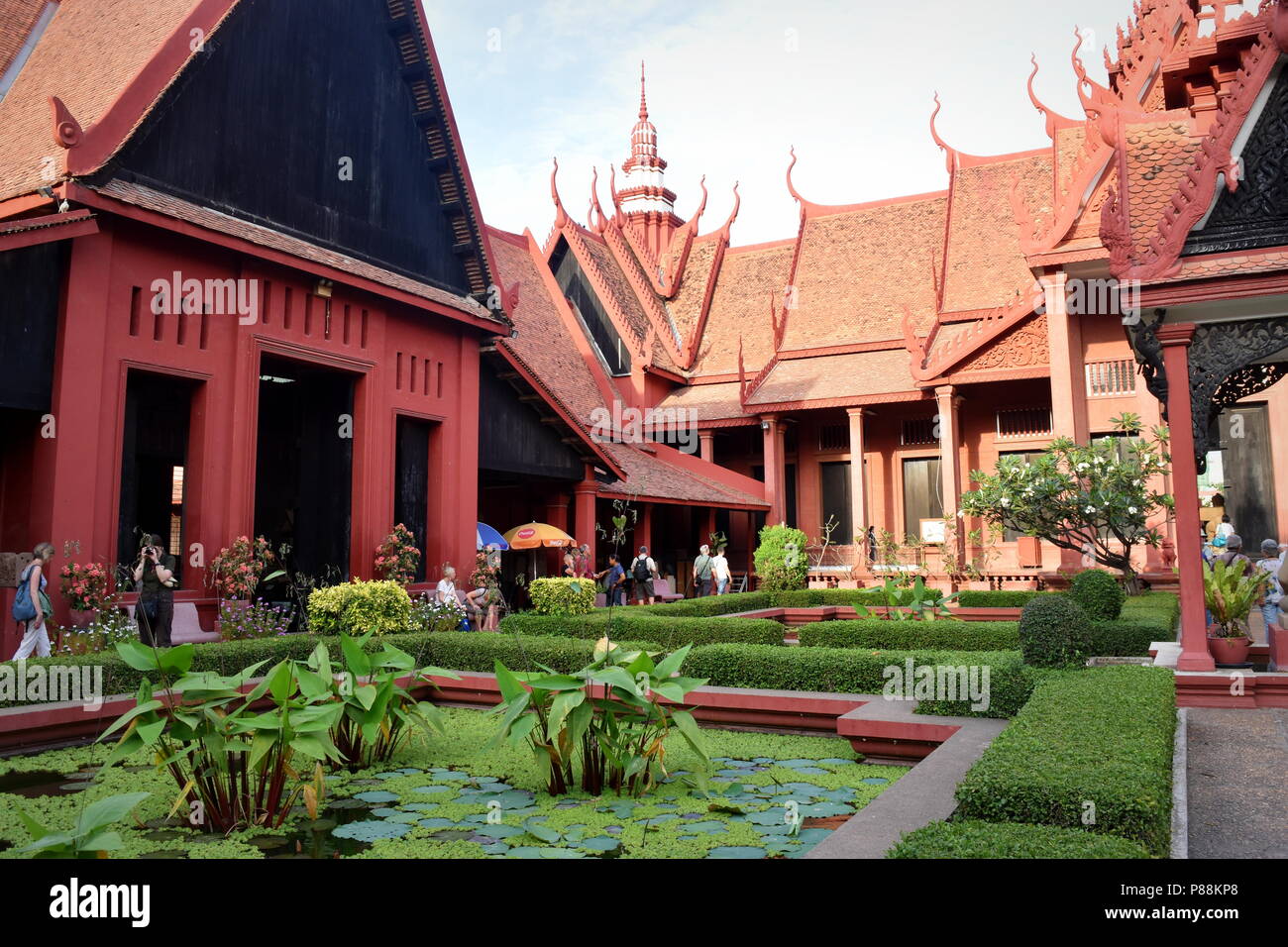 Beautiful garden and red architecture of Cambodia National Museum in Phnom Penh Stock Photo