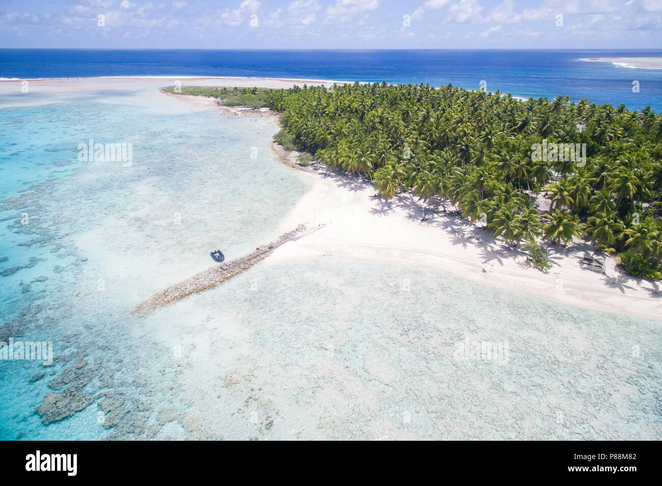 Aerial view of Anchorage Island in Suwarrow Atoll, Cook Islands Stock Photo