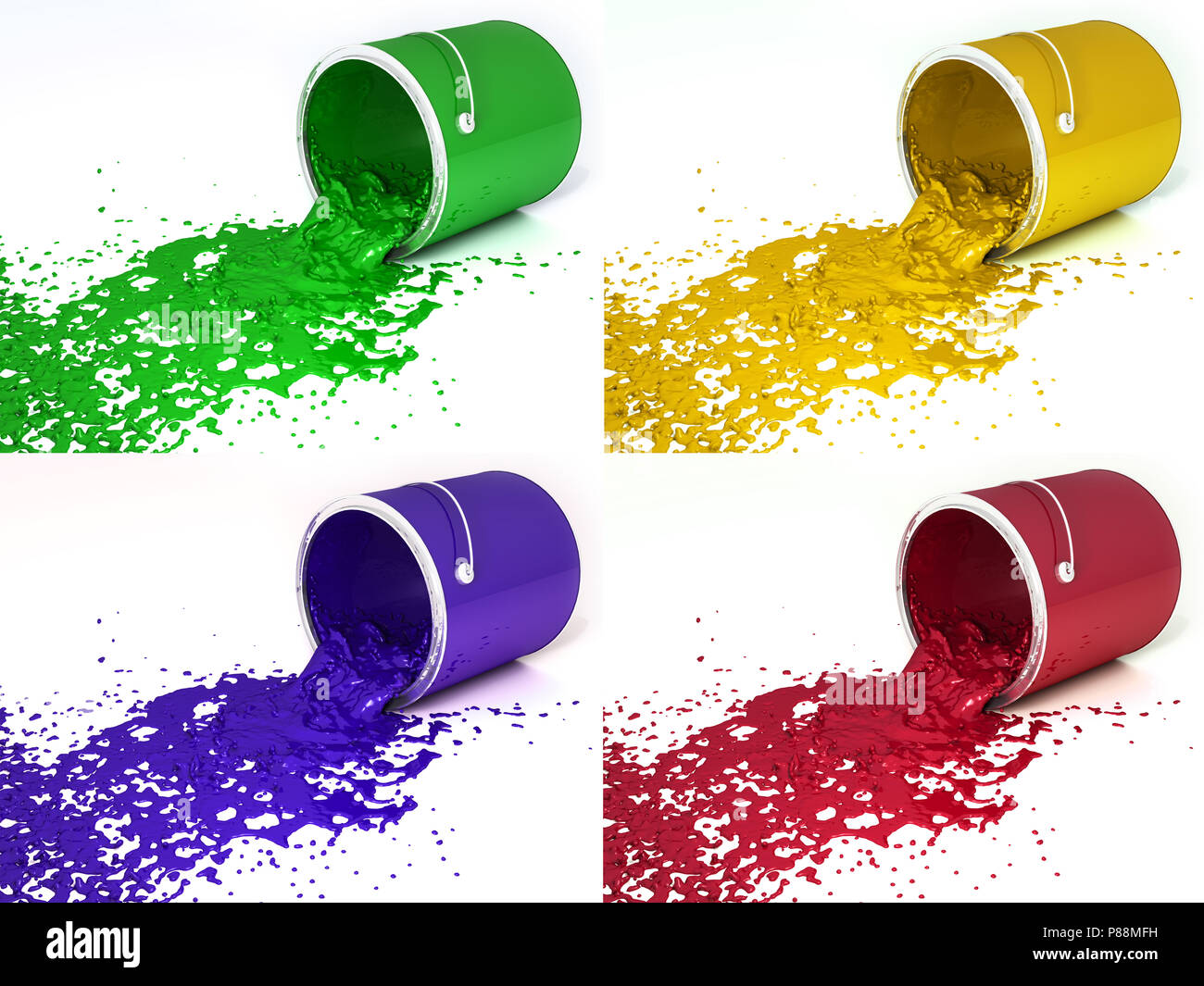 collection of four buckets of paint upside down on the white background. Stock Photo