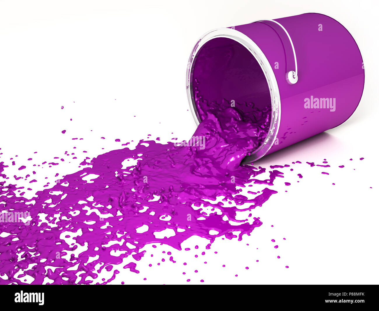 Magenta paint bucket upside down on a white background. Stock Photo