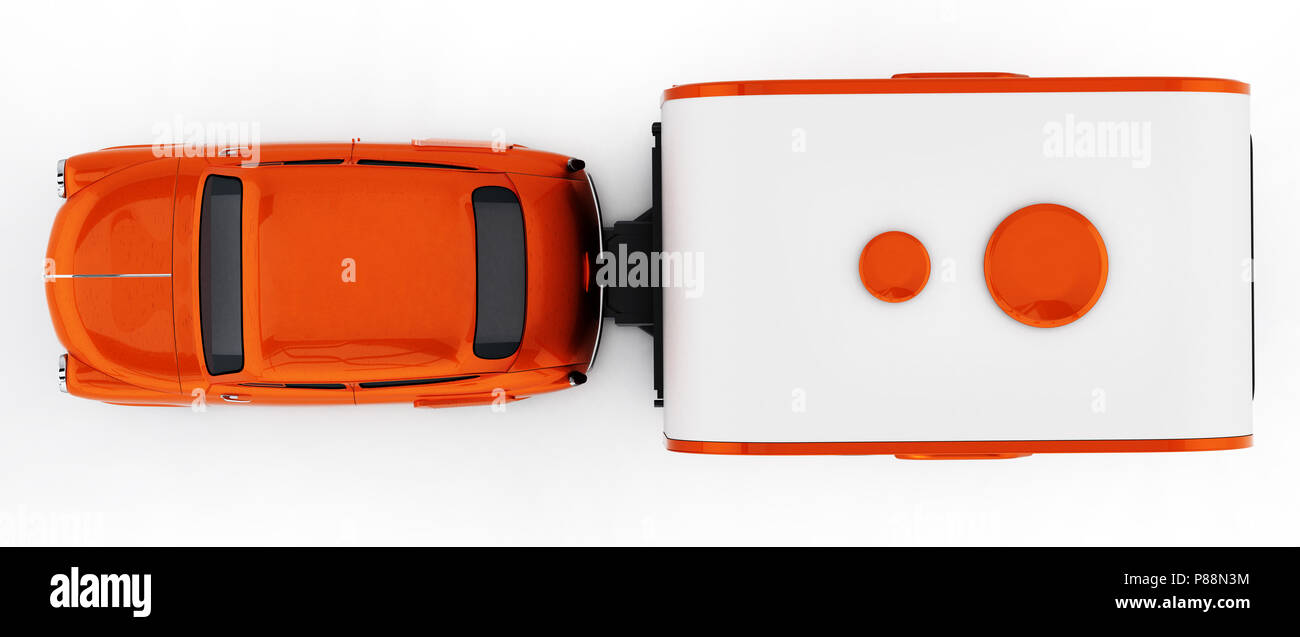 Orange vintage car with caravan. Isolated on white background. 3D illustration. Stock Photo