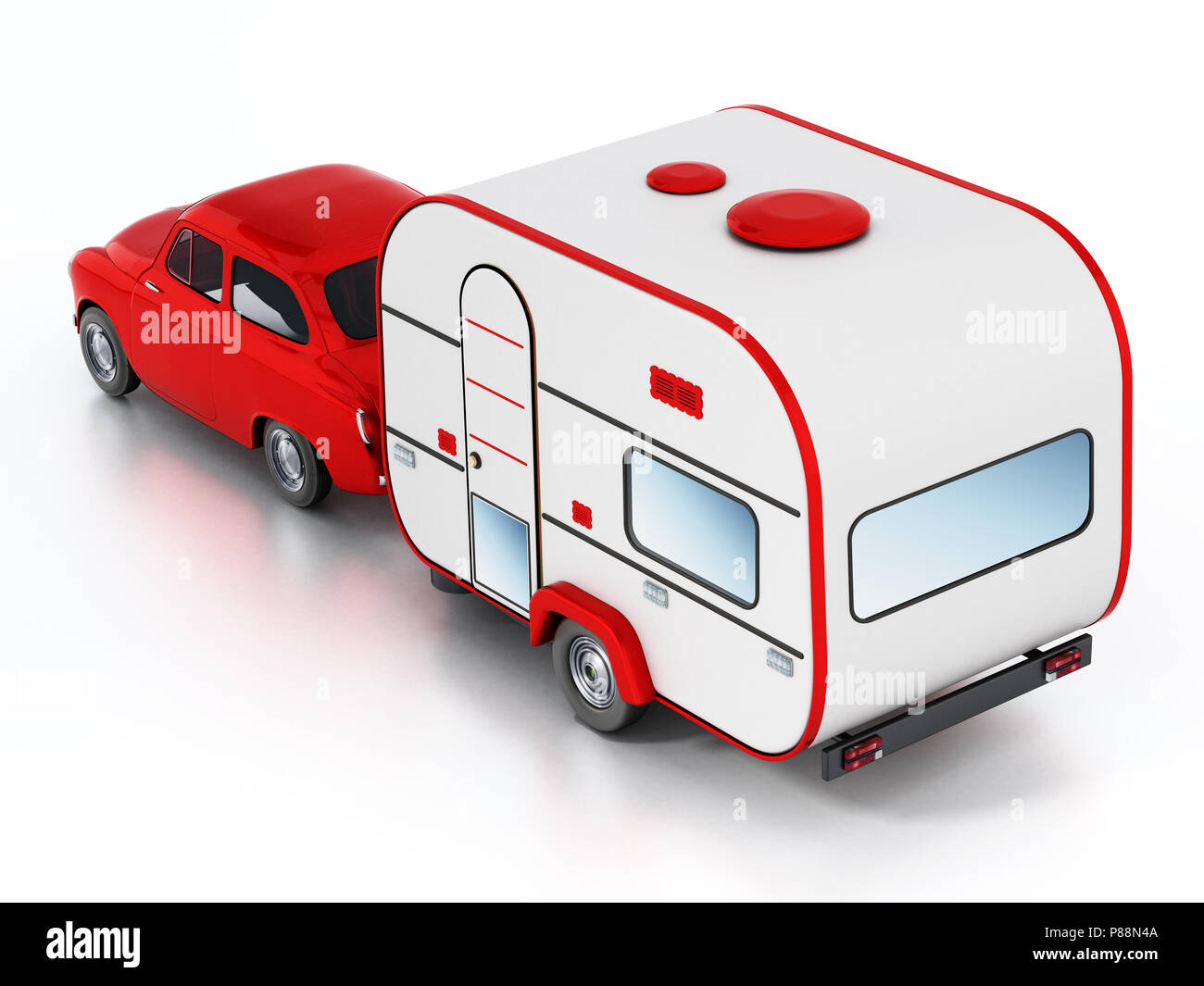 Red vintage car with caravan. Isolated on white background. 3D illustration. Stock Photo