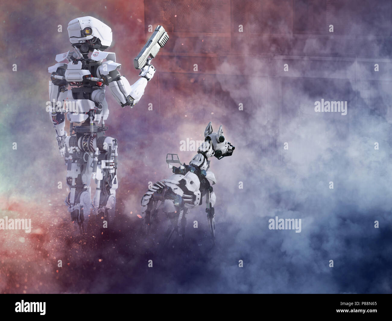 3D rendering of a futuristic robot cop holding gun with a dog beside him, fighting a war in a ruined city. Smoke and fire all around them. Stock Photo