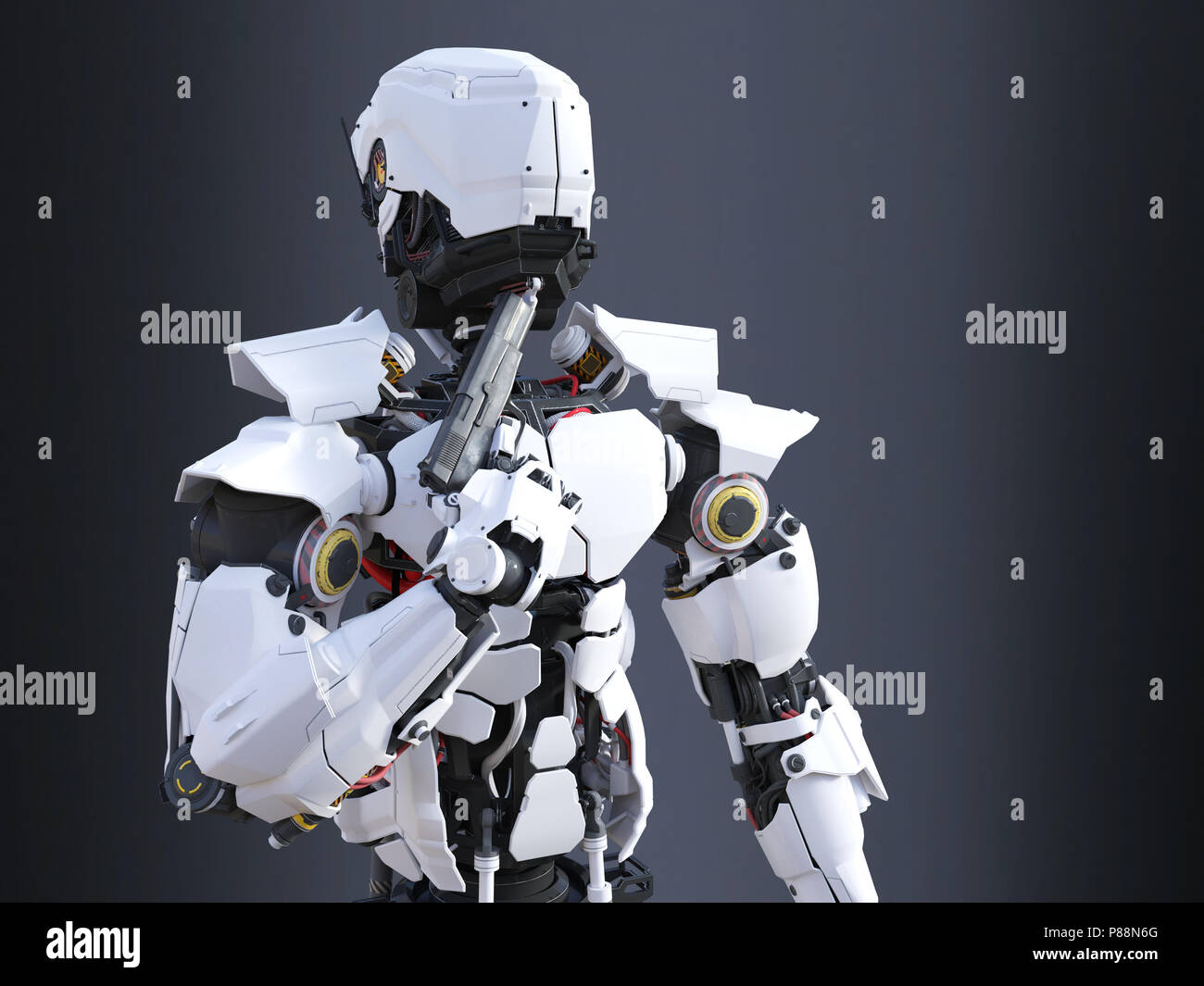3D rendering of a futuristic robot police or soldier holding a gun to his chin, ready to self-destruct. Dark background. Stock Photo