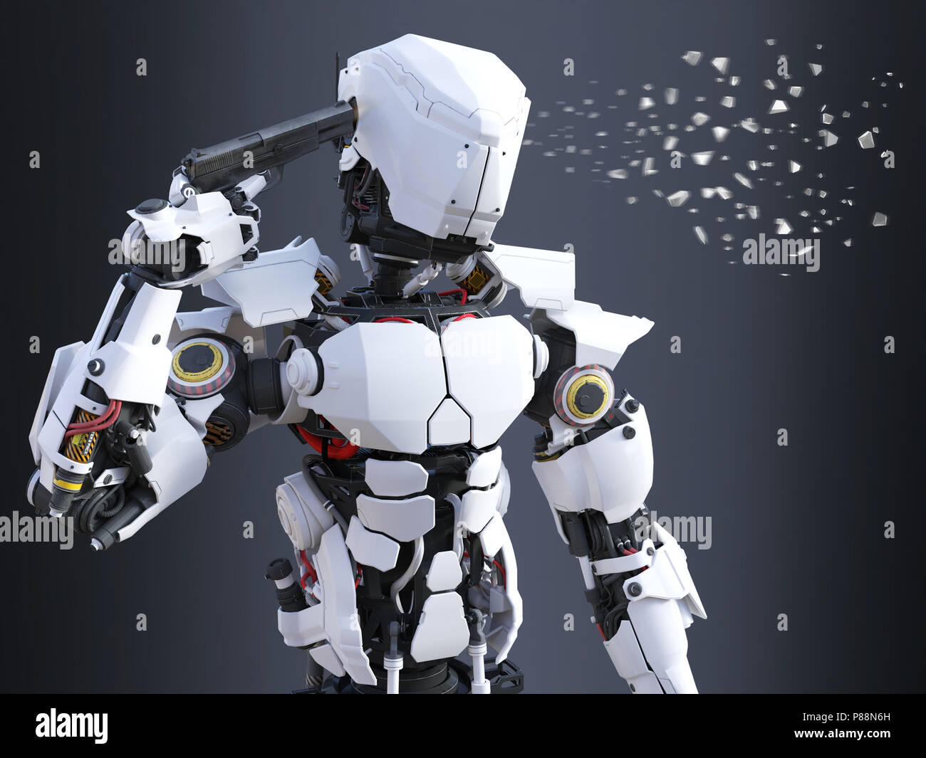 3D rendering of a futuristic robot police or soldier holding a gun to his  head and pulling the trigger, self-destructing. The head is breaking apart  Stock Photo - Alamy