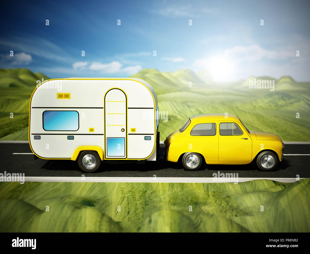 Yellow vintage car on the road with caravan. 3D illustration. Stock Photo