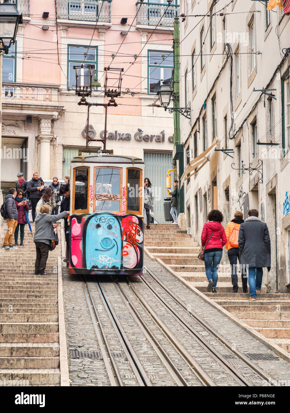 7 March 2018: Lisbon Portugal - The Bica Lift, or Elevador da Bica, in the Misericordia district, a funicular railway line Stock Photo
