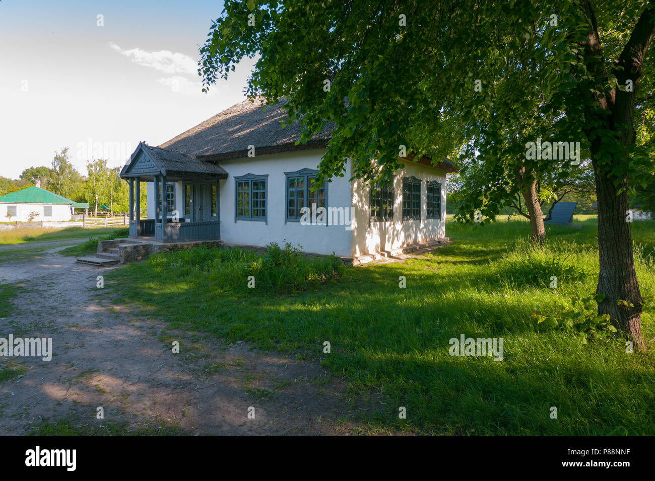 an old country house with blue windows, covered with a reed roof under a  thick green linden tree crown . For your design Stock Photo - Alamy, image size:1300x956